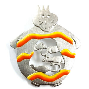 TC Tanya Creations Cat Brooch Mice Orange Yellow Enamel Silver Tone Animal Pin